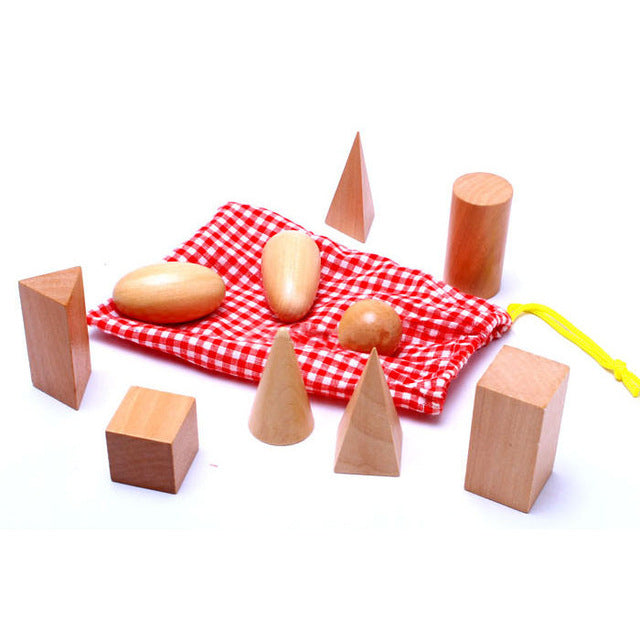 10Pcs Wooden Montessori Mystery Bag Shapes Solids  Geometry Blocks Set Educational Cognitive Toys